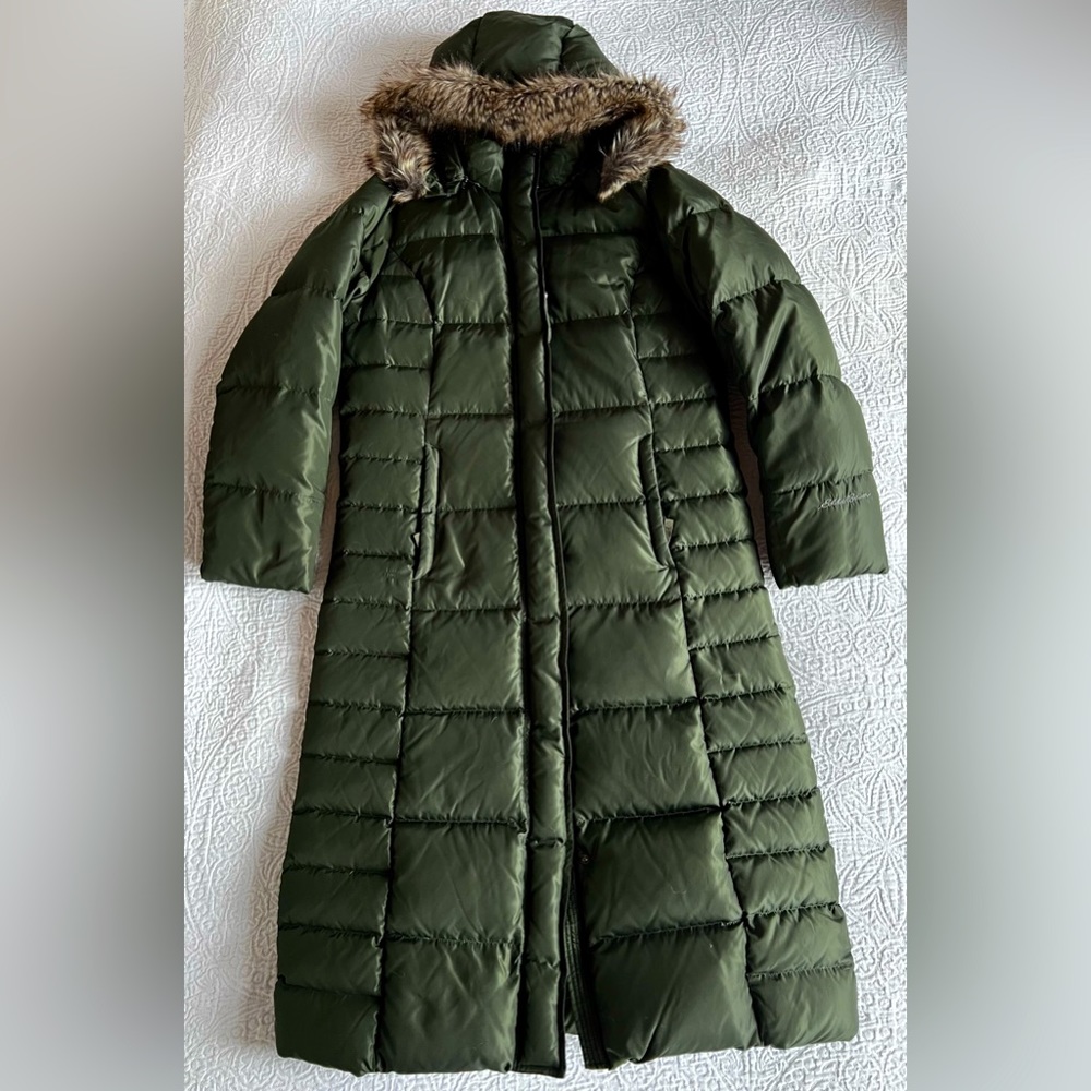 Women's Green Puffer Coat with Faux Fur Hood
